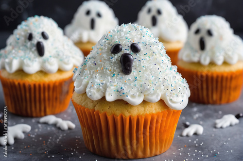Halloween Cupcakes with Ghostly Icing Toppers. Generative AI.