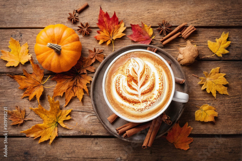 Autumn Coffee with Pumpkin and Cinnamon Scene. Generative AI. 