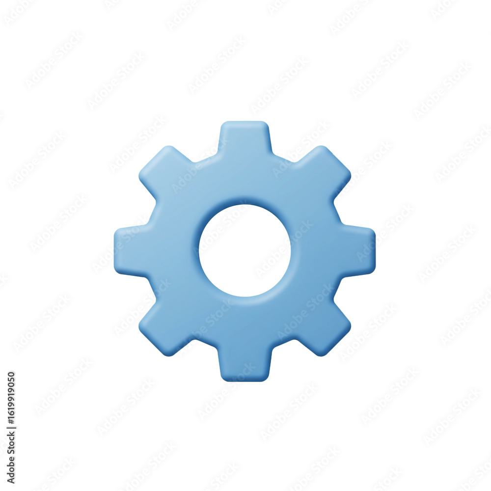 A three-dimensional light blue gear icon representing settings, mechanics, and technical options. A three-dimensional light blue gear icon representing settings, mechanics, and technical options.