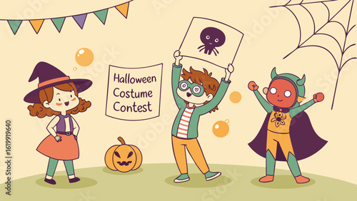 Excited children participate in a fun halloween costume contest featuring a witch a spider themed character and a devil like figure