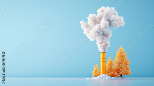 Vibrant scene with yellow chimney emitting white smoke surrounded by orange trees against blue background