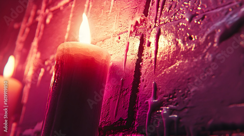 Burning candle on purple textured wall background