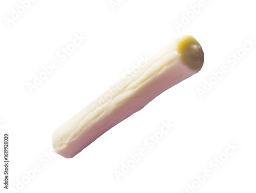Single piece of white string cheese a healthy cylindrical dairy snack item isolate