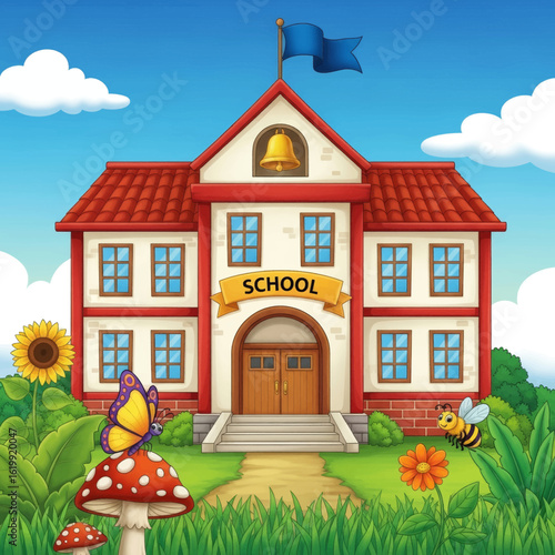 Kids Elementary School Back to School Cheerful Vector Illustration of Happy Students and Educational Supplies