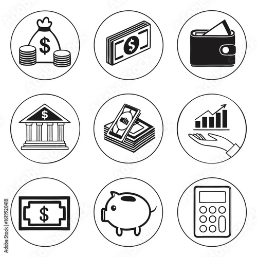 Icon Set Vector with Money and Finance Elements in Modern Minimalist Style Black and White