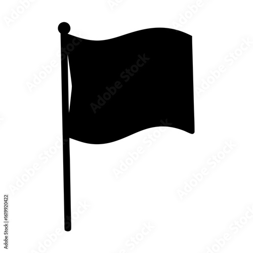 Silhouette of a black flag waving on a pole against white background