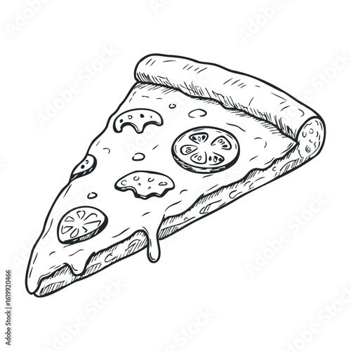 Delicious pepperoni pizza slice sketch in black and white line drawing style. Vector illustration