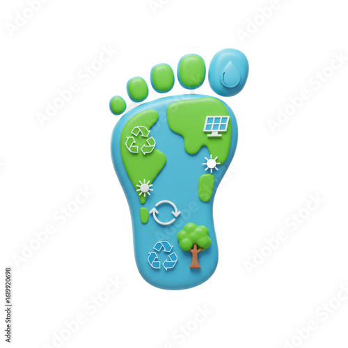 A symbolic ecological footprint representing Earth with renewable energy and recycling icons for sustainability.