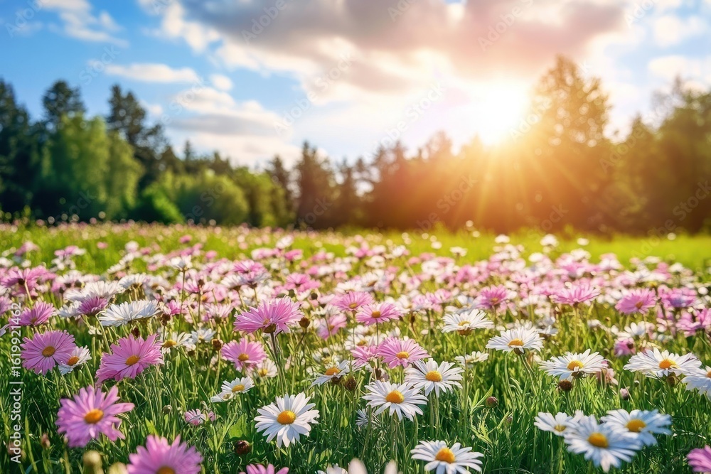 Fototapeta premium A field of pink and white daisies nature daisy landscape.