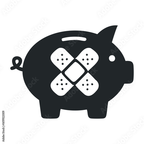 Black piggy bank with bandaid symbolizing financial struggles and savings protection. Vector illustration