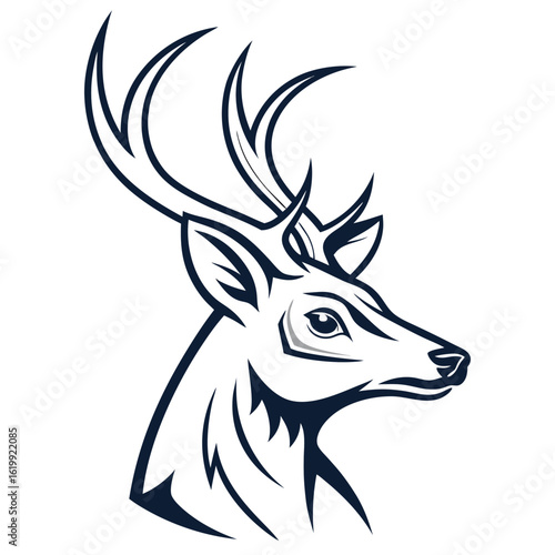 Stylized white deer head with dark blue antlers and outline