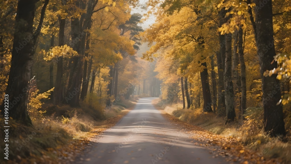 Naklejka premium A serene autumn road lined with golden-leaved trees, casting a warm glow over the path.