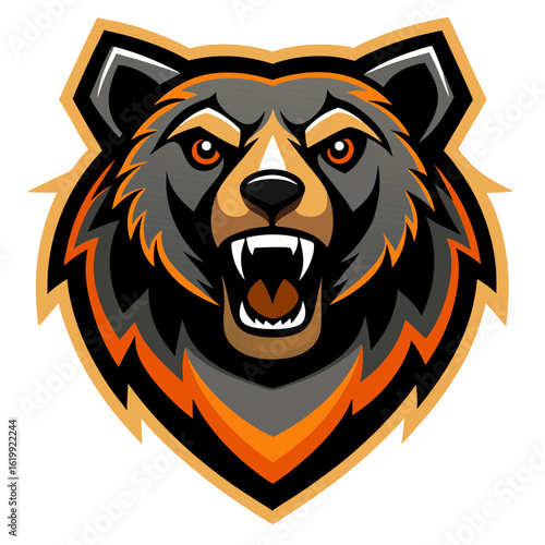 Fierce grizzly bear head with orange accents and black background