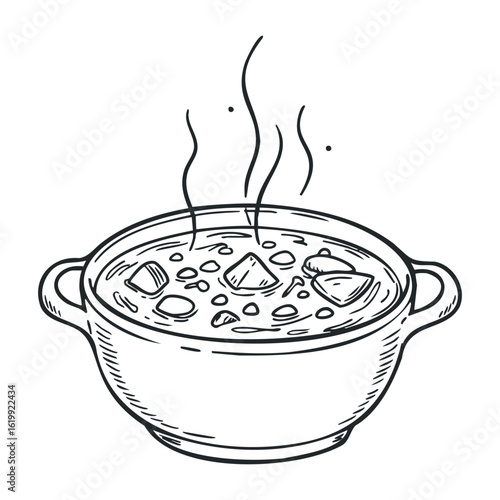 Black and white sketch of steaming soup bowl with vegetables and meat. Vector illustration