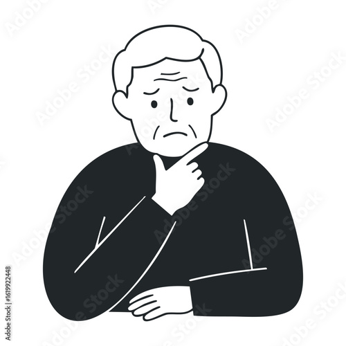 Thoughtful elderly caucasian male considering decision with hand on chin. Vector illustration