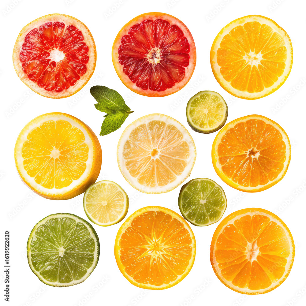 Fototapeta premium Citrus fruit slices arranged in a grid pattern. Brightly colored citrus fruit segments, including oranges, grapefruits, lemons, and limes, arranged on a black background