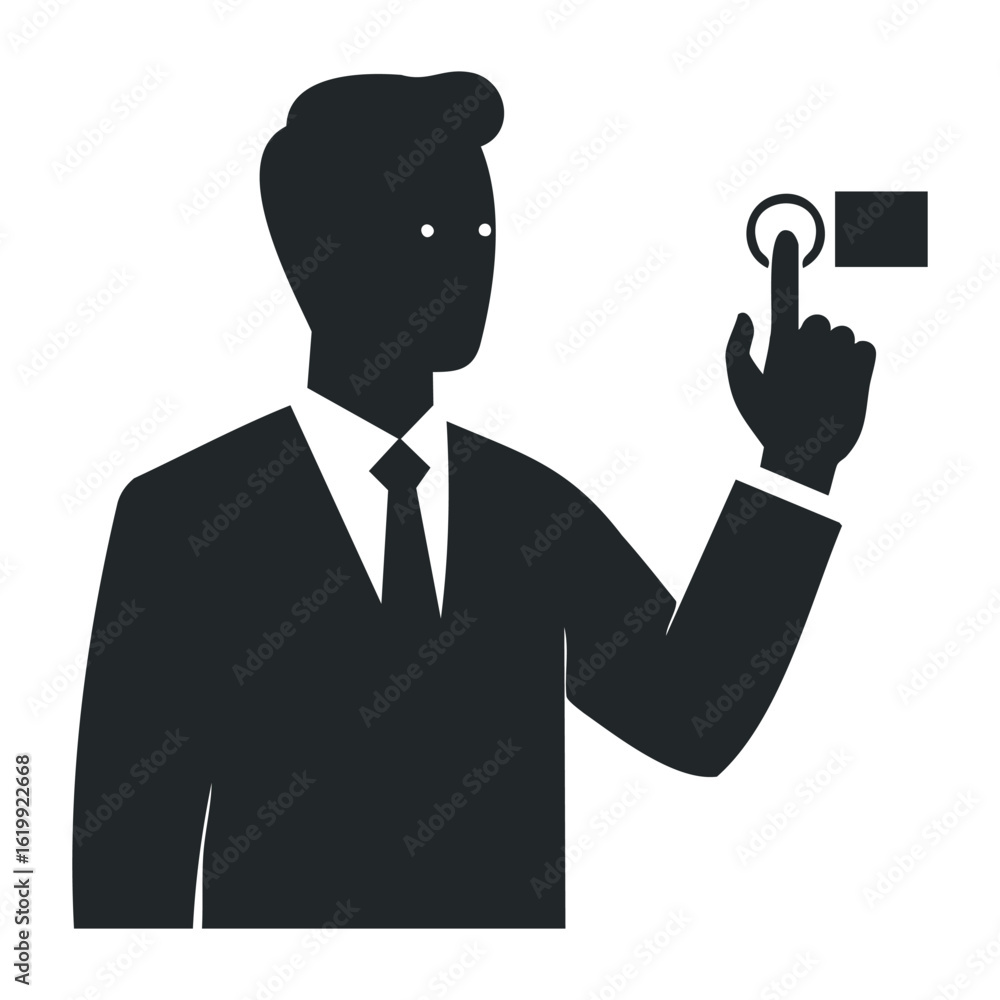 Silhouette of asian male adult in suit pressing digital button icon. Vector illustration Silhouette of asian male adult in suit pressing digital button icon. Vector illustration