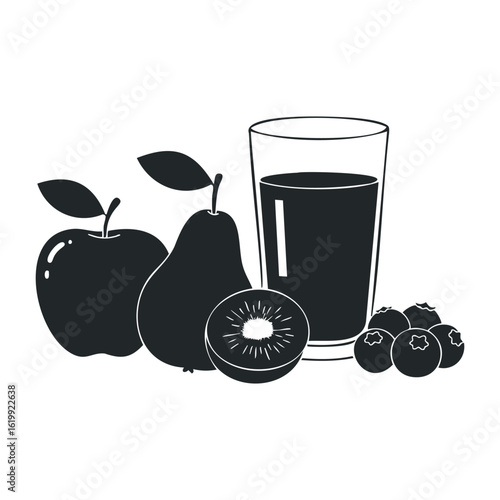 Black and white fruit juice composition with apple, pear, kiwi, blueberries. Vector illustration
