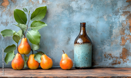 Rustic still life pears and bottle on wooden surface
