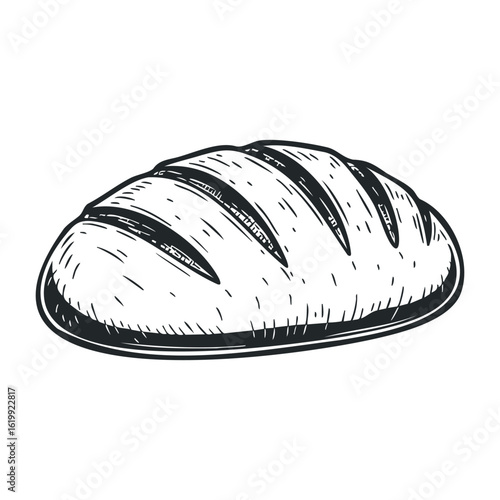 Rustic bread loaf with crusty texture in black and white illustration. Vector illustration