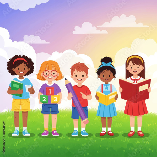 Kids Elementary School Welcome Back to School Vector Illustration of Happy Students and Educational Supplies