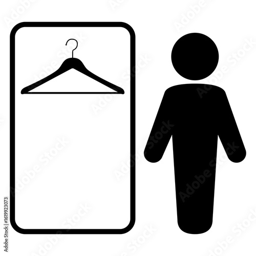 Icono vestuario de hombre. Silueta de hombre con armario y percha