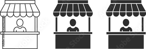 Stall attendant serving customers at a market stall, modern business icon