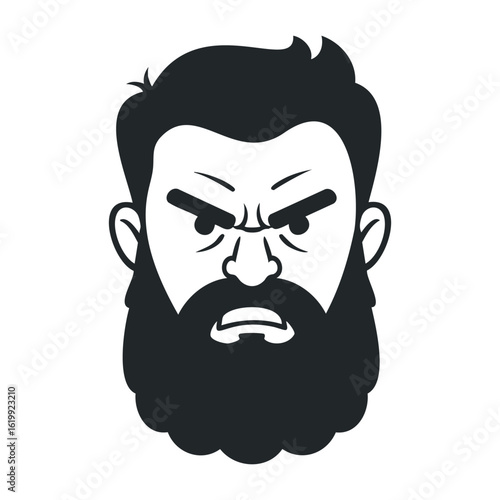Vector icon of angry bearded man: black and white illustration of a male face with beard. Vector illustration