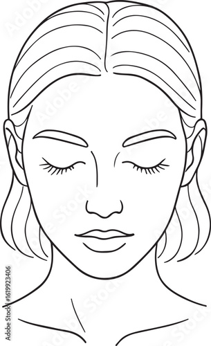 A captivating vector illustration of a woman's face sketch, highlighting her elegant eyes, flowing hair, and glamorous makeup with artistic lines