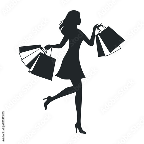 Silhouette of young caucasian female shopping with bags in heels and dress. Vector illustration