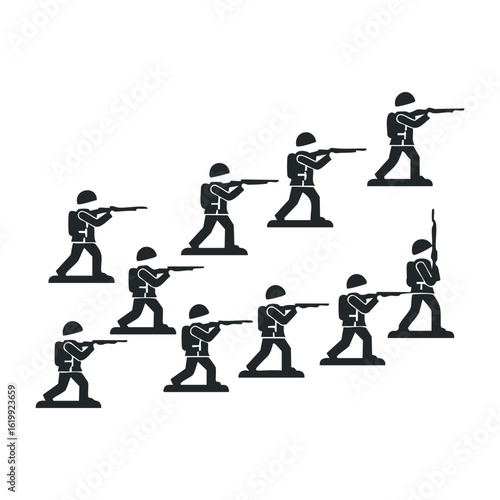 Rows of silhouetted toy soldiers in action poses with rifles. Vector illustration