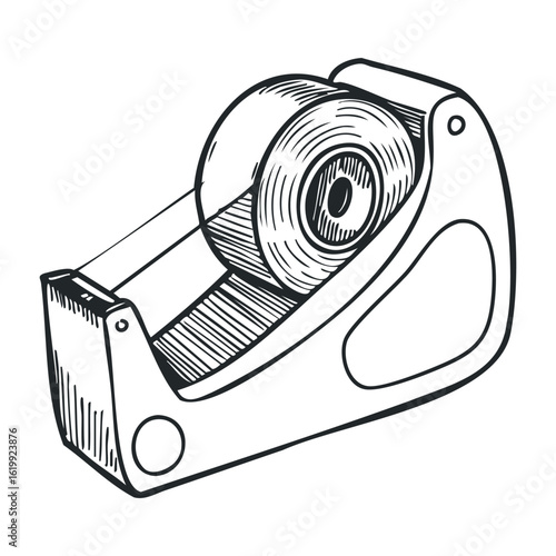 Black and white illustration of a tape dispenser with tape roll. Vector illustration