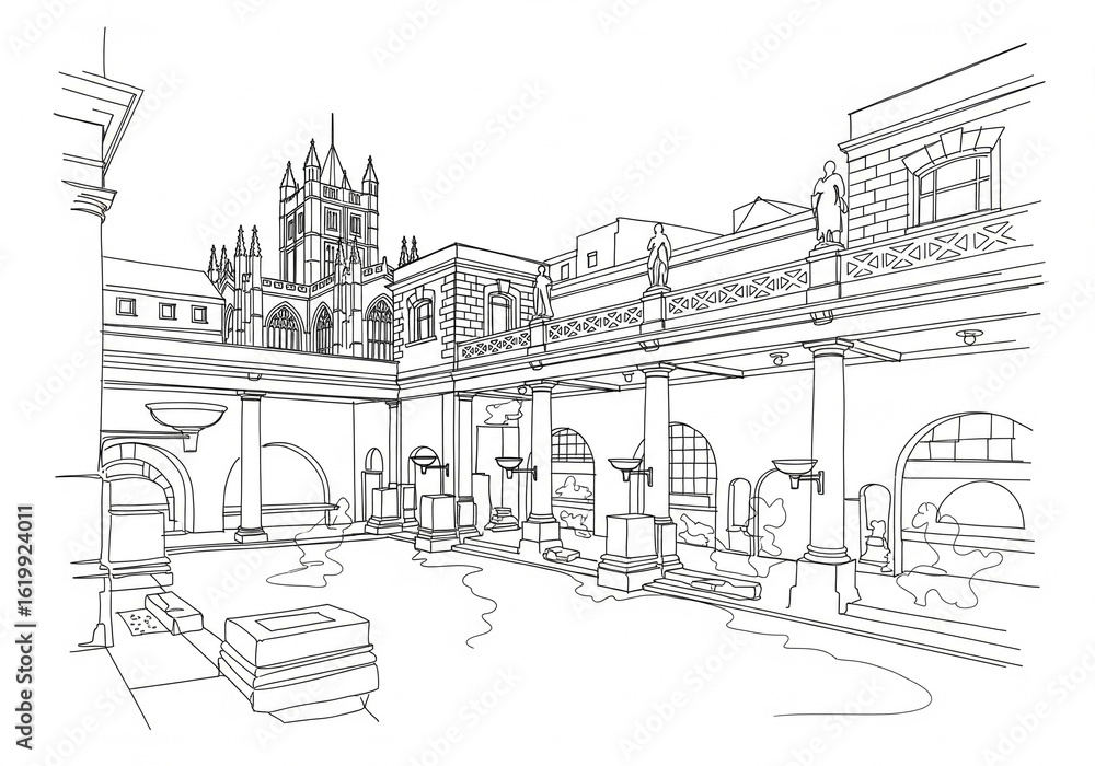 Obraz premium Roman Baths in United Kingdom one line drawing style