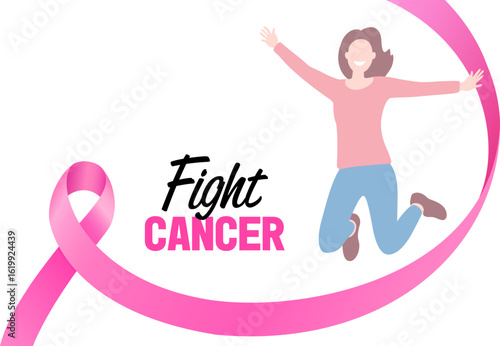 Pink ribbon symbol with happiness woman. Fight cancer concept. Breast cancer awareness month. Vector illustration.