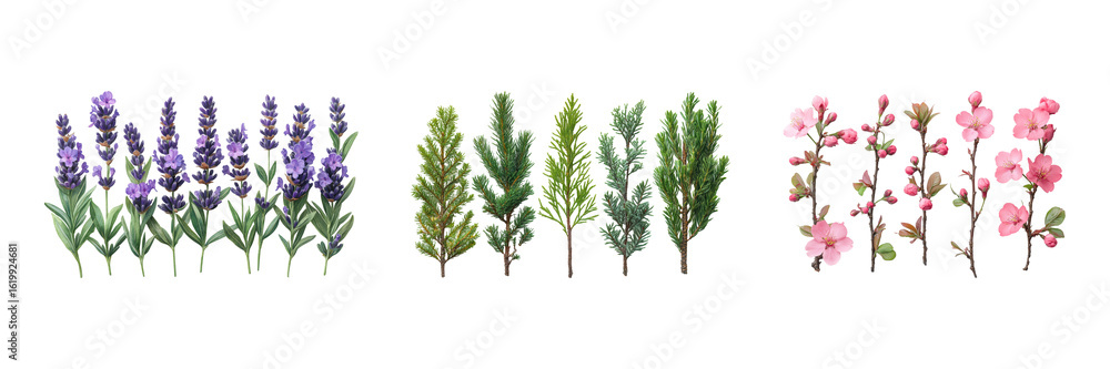 Fototapeta premium Lavender, Pine, And Cherry Blossom Botanical Illustration. Aromatherapy And Natural Beauty Elements Isolated On Transparent Background