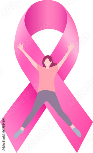 Pink ribbon symbol with happiness woman. Fight cancer concept. Breast cancer awareness month. Vector illustration.