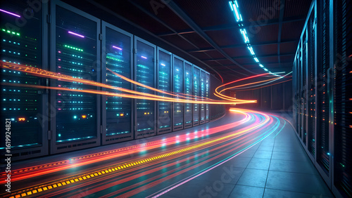 Data center server racks with glowing light trails representing fast data transfer