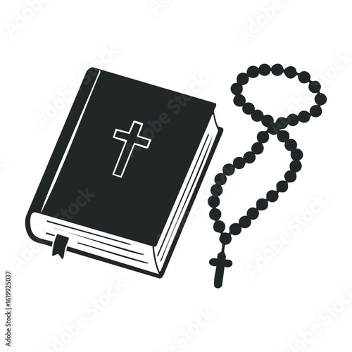 Bible and rosary illustration: christian symbols of faith and devotion. Vector illustration