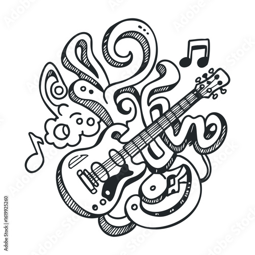 Abstract doodle with electric guitar and musical notes in black and white. Vector illustration