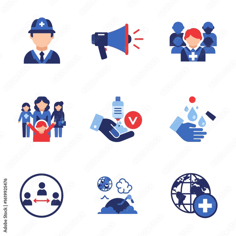Fototapeta premium Public health icons depicting safety measures, community support, and global pandemic response.