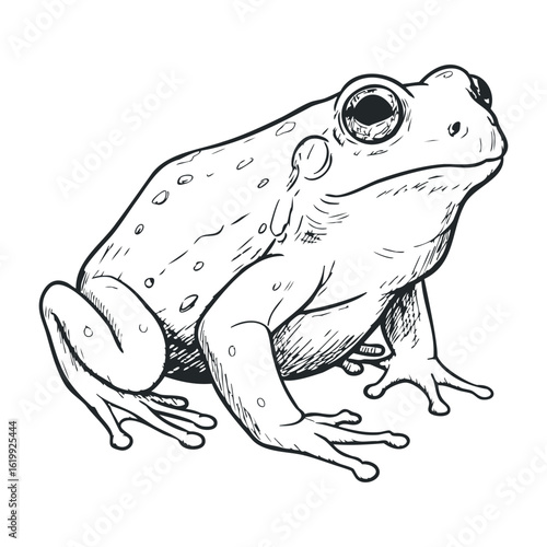 Detailed black and white sketch of a frog with close attention to anatomical features. Vector illustration