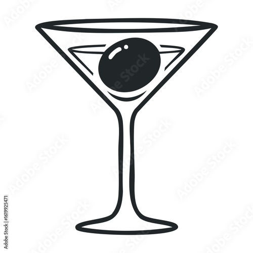 Classic martini glass with olive in simple black and white drawing. Vector illustration