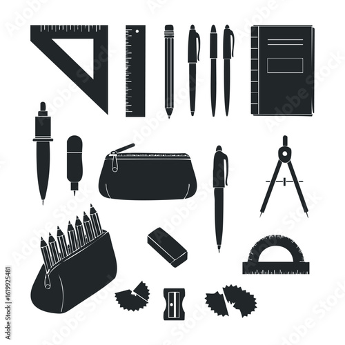 Assorted stationery supplies including pencils, ruler, eraser, and notebook. Vector illustration