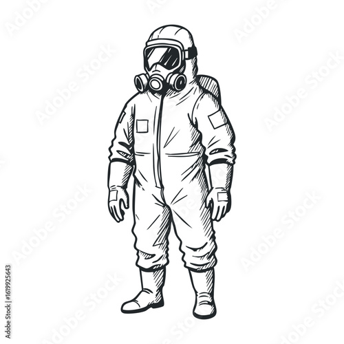 Sketch of person in protective hazmat suit with gas mask. Vector illustration