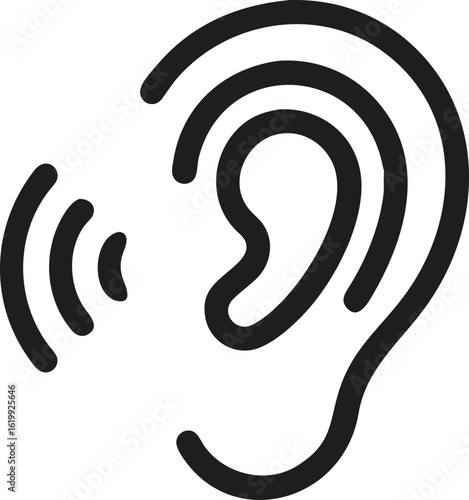 Simple Black Line Art Icon of an Ear Listening to Sound Waves