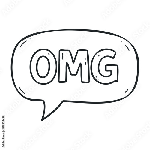 Comic style speech bubble with omg text in black and white doodle design. Vector illustration