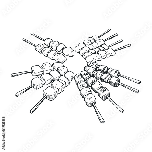 Variety of skewered meats on sticks in black and white outline style. Vector illustration