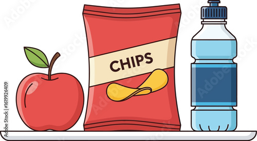 Healthy snack choice apple chips water bottle on tray isolated cartoon
