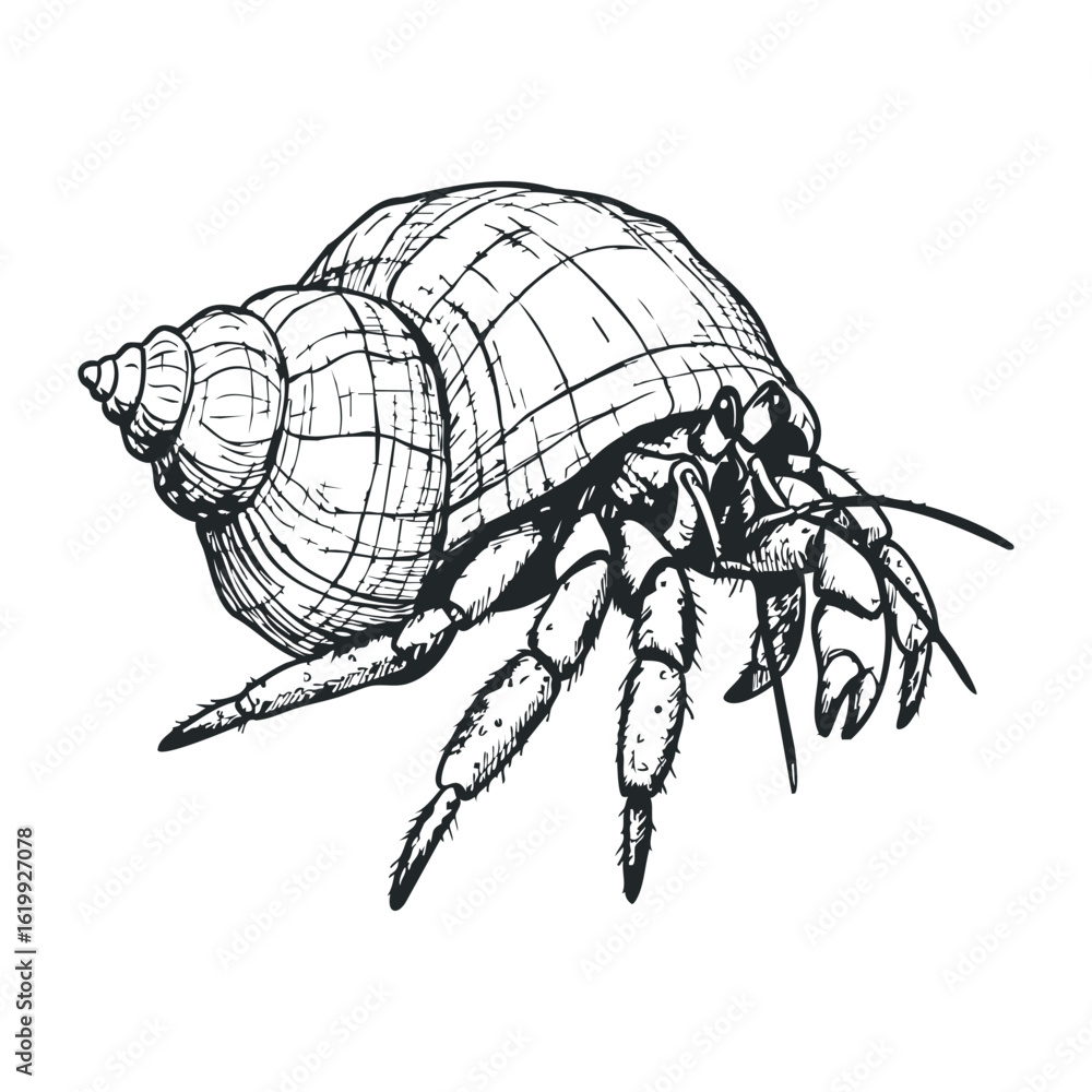 Fototapeta premium Hermit crab sketch: detailed black and white ink drawing of seashell and crustacean. Vector illustration