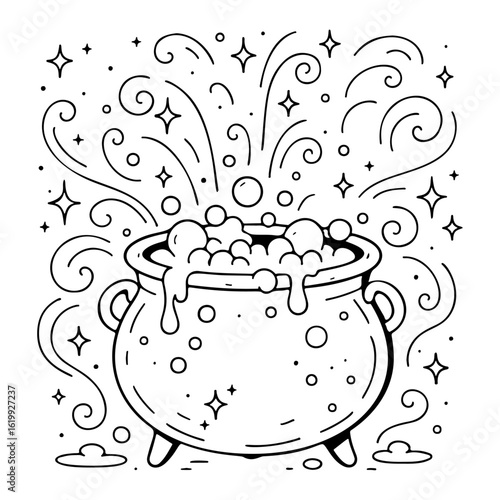 witchs cauldron outline icon line art, black and white doodle style. Ideal for logo, tattoo, app, coloring book, web design, infographics, banner, poster, and more. Vector illustration